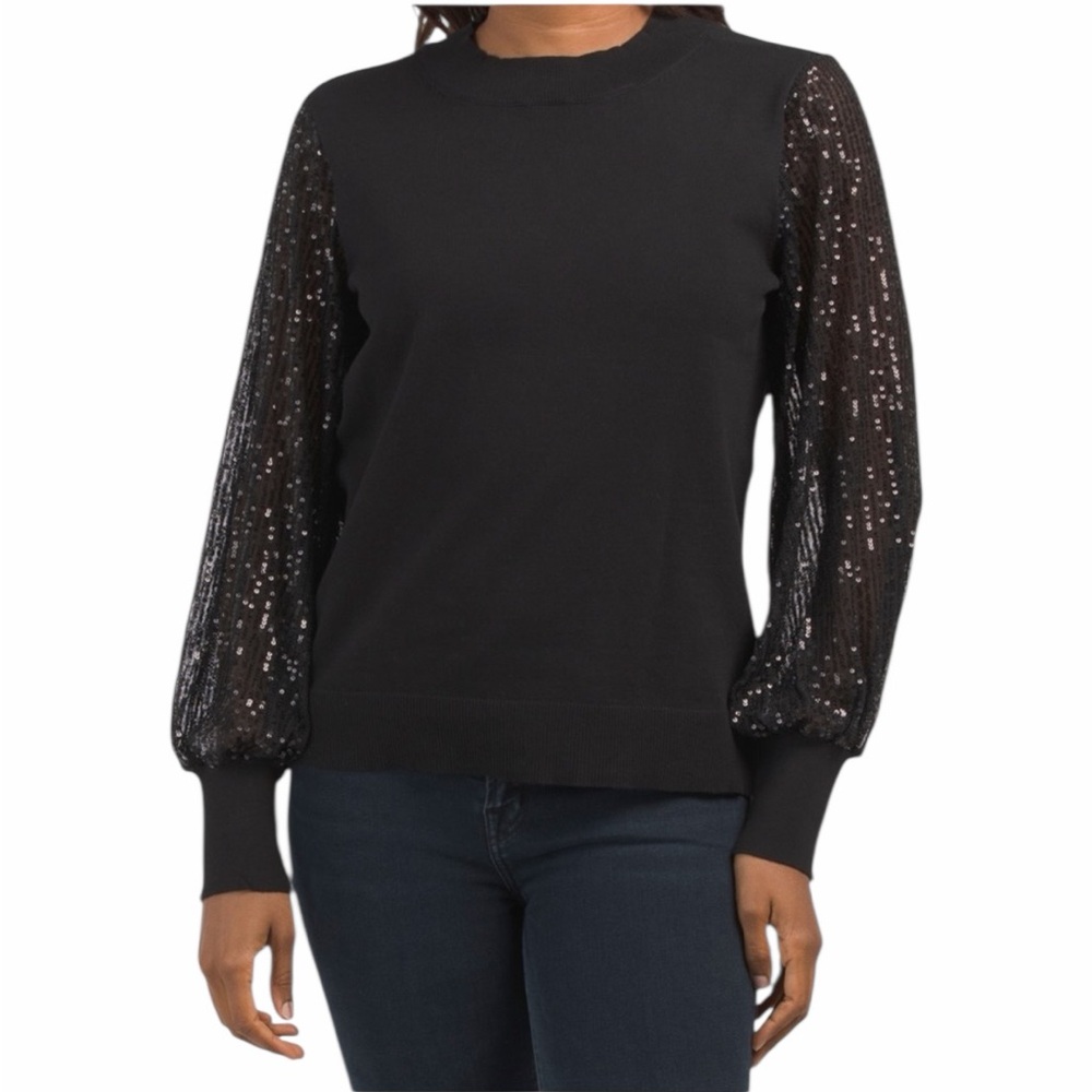 CeCe "Glamour Melody" Rich Black Sweater with Long Sheer Sequin Sleeves M